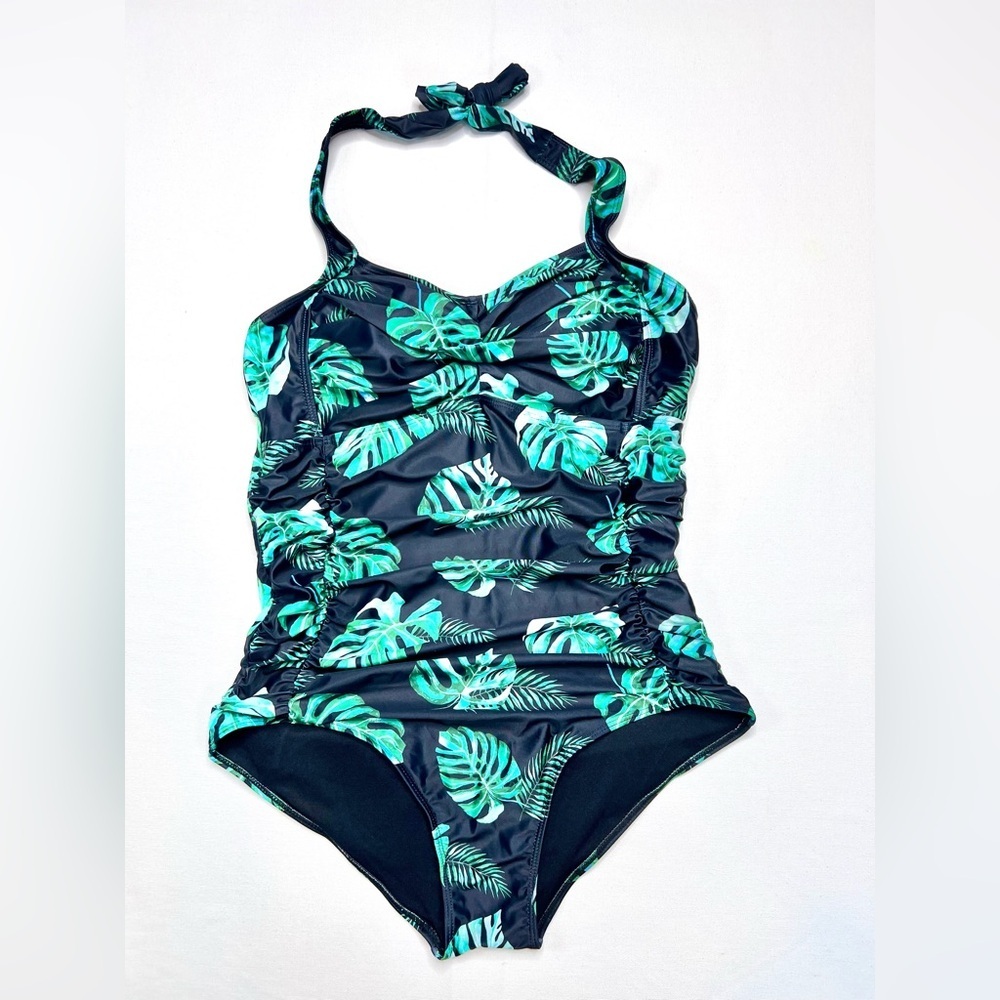 Yonique Plus swimsuit size 18W ruched halter neck tummy control tropical beach